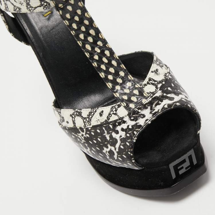 Pre Owned Fendi Multicolor Python Embossed Leather and Suede Animal Print T-Strap Sandals Size 38