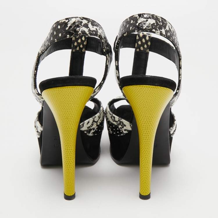 Pre Owned Fendi Multicolor Python Embossed Leather and Suede Animal Print T-Strap Sandals Size 38
