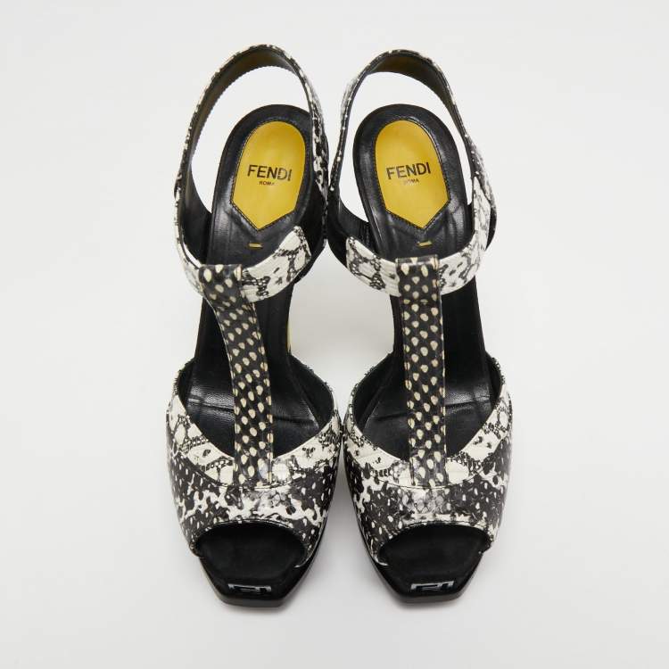 Pre Owned Fendi Multicolor Python Embossed Leather and Suede Animal Print T-Strap Sandals Size 38
