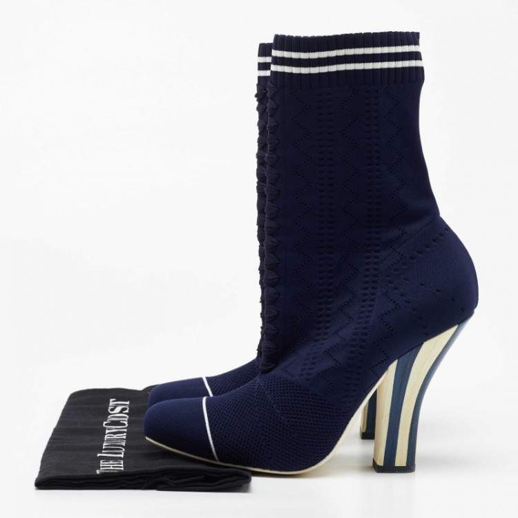 Pre Owned Fendi Navy Blue Knit Fabric Rockoko Mid Calf Boots Size 40