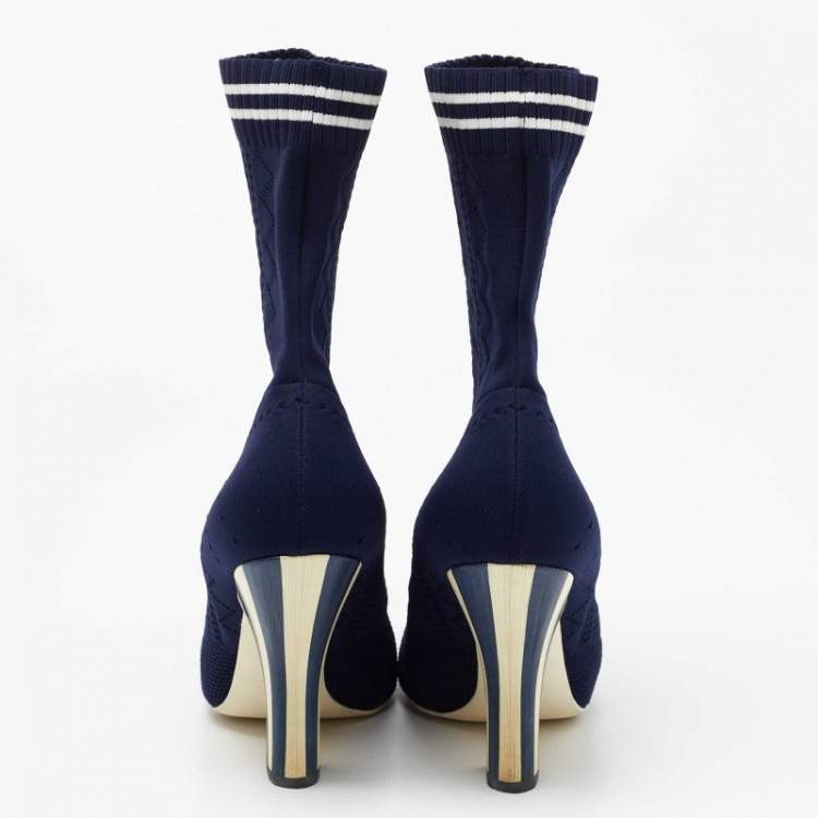 Pre Owned Fendi Navy Blue Knit Fabric Rockoko Mid Calf Boots Size 40