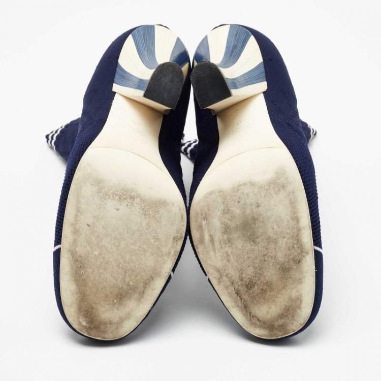 Pre Owned Fendi Navy Blue Knit Fabric Rockoko Mid Calf Boots Size 40