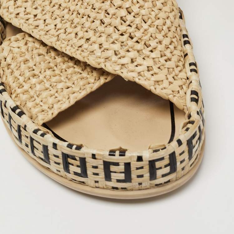 Pre Owned Fendi Beige Crisscross Raffia Zucca Espadrille Flat Slides Size 39