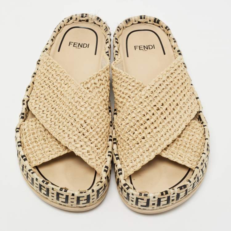 Pre Owned Fendi Beige Crisscross Raffia Zucca Espadrille Flat Slides Size 39