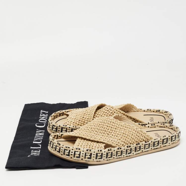 Pre Owned Fendi Beige Crisscross Raffia Zucca Espadrille Flat Slides Size 39