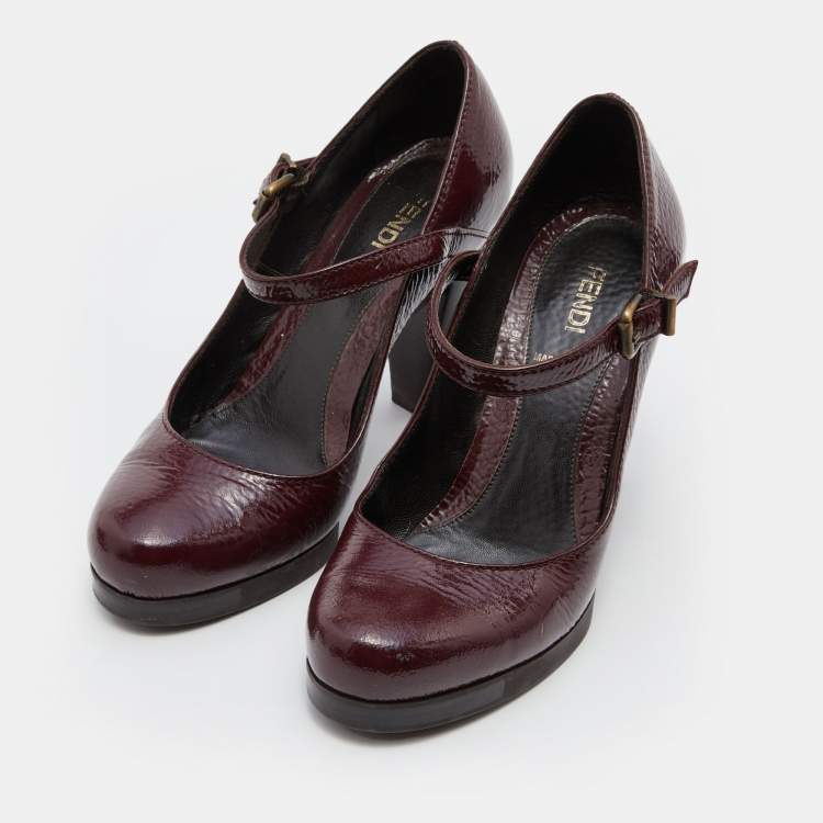 Pre Owned Fendi Burgundy Patent Leather Mary Jane Pumps Size 36