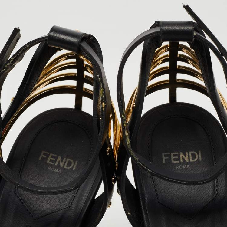 Pre Owned Fendi Black Leather Ankle Strap Sandals Size 38