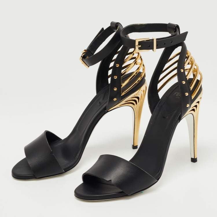 Pre Owned Fendi Black Leather Ankle Strap Sandals Size 38