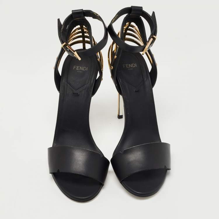 Pre Owned Fendi Black Leather Ankle Strap Sandals Size 38