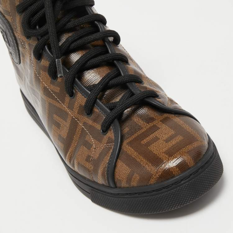 Pre Owned Fendi Brown Zucca Canvas  Lace Up High Top Sneakers Size 38