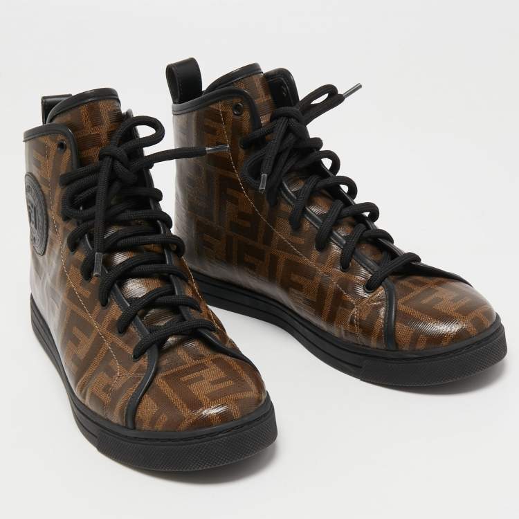 Pre Owned Fendi Brown Zucca Canvas  Lace Up High Top Sneakers Size 38