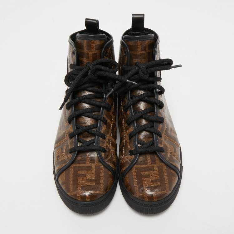 Pre Owned Fendi Brown Zucca Canvas  Lace Up High Top Sneakers Size 38