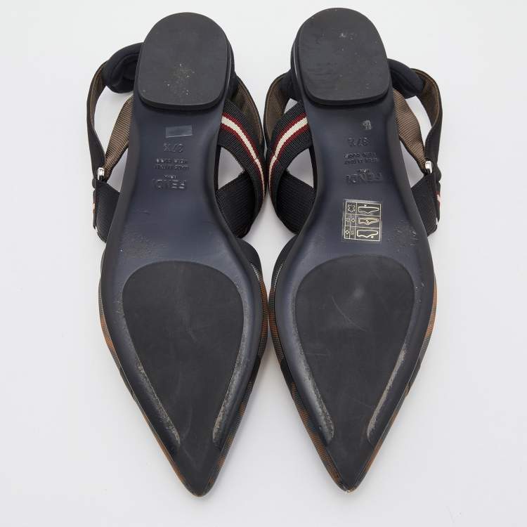 Pre Owned Fendi Black/Brown Zucca Mesh and Fabric Colibri Slingback Flats Size 37.5