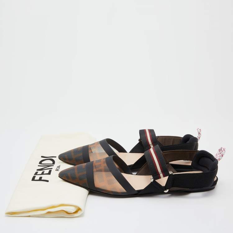 Pre Owned Fendi Black/Brown Zucca Mesh and Fabric Colibri Slingback Flats Size 37.5