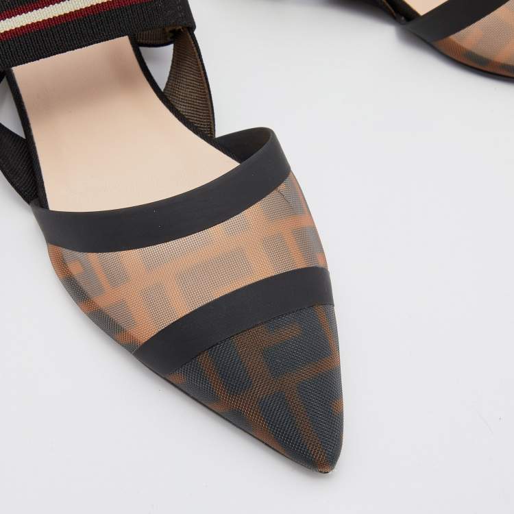Pre Owned Fendi Black/Brown Zucca Mesh and Fabric Colibri Slingback Flats Size 37.5
