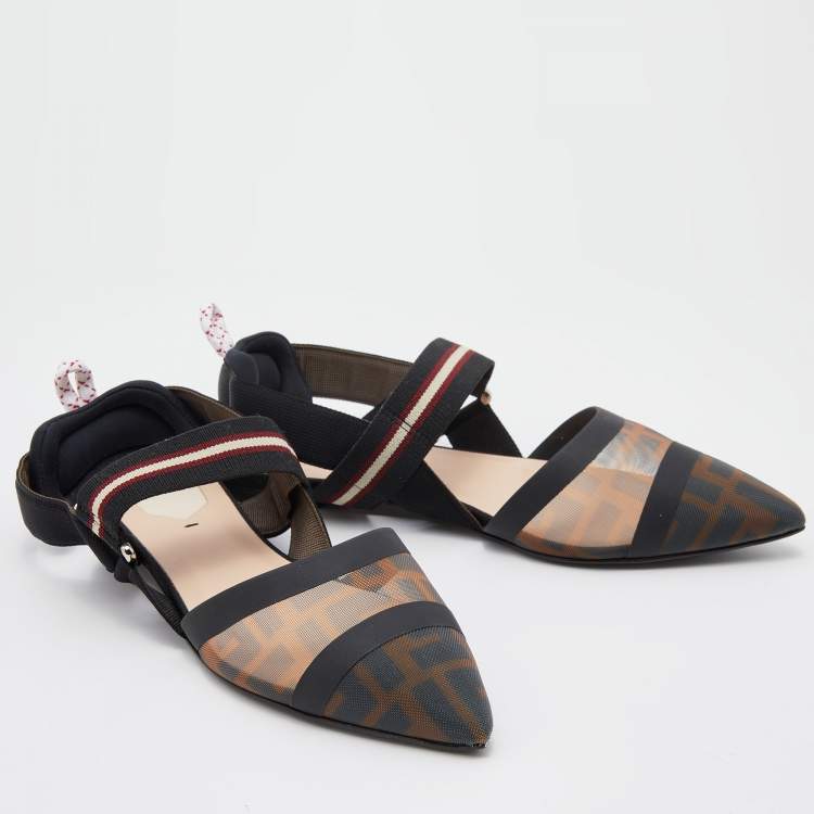 Pre Owned Fendi Black/Brown Zucca Mesh and Fabric Colibri Slingback Flats Size 37.5