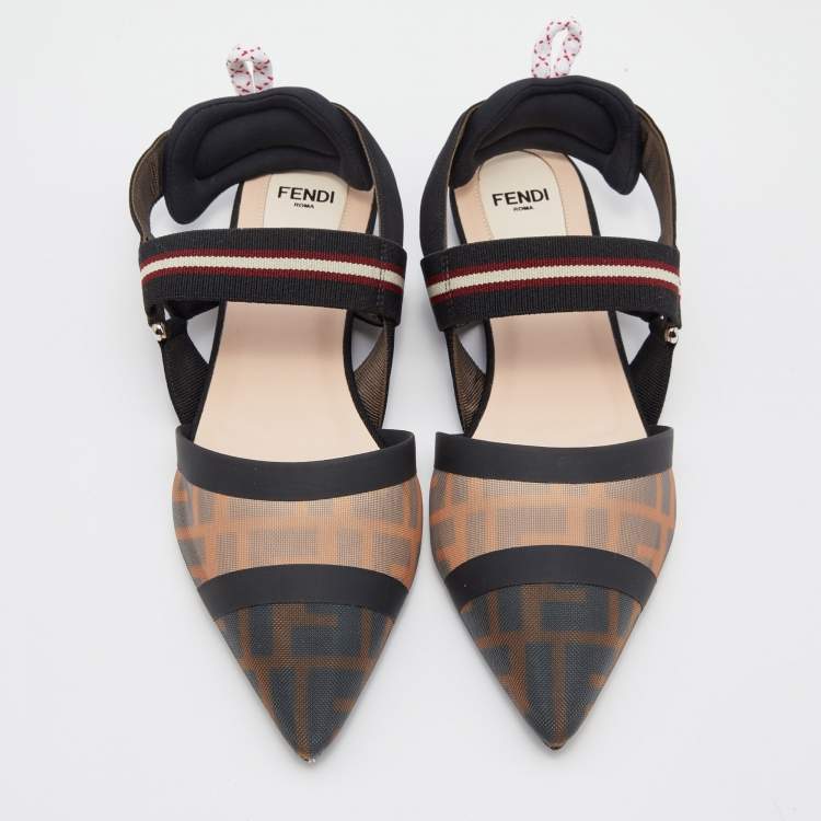Pre Owned Fendi Black/Brown Zucca Mesh and Fabric Colibri Slingback Flats Size 37.5