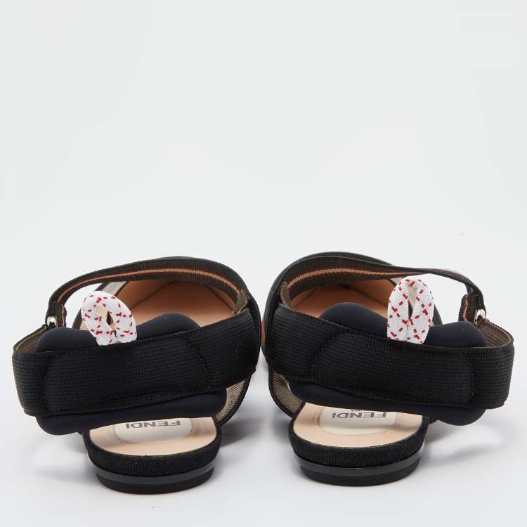 Pre Owned Fendi Black/Brown Zucca Mesh and Fabric Colibri Slingback Flats Size 37.5