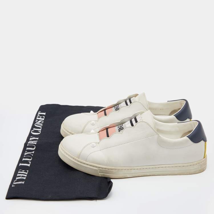 مملوكة مسبقًا Fendi White Leather Logo Knit Rockoko Scallop Detail Slip On Sneakers Size 37