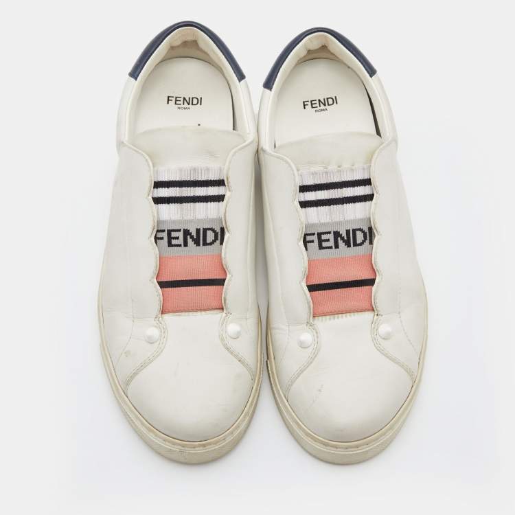 مملوكة مسبقًا Fendi White Leather Logo Knit Rockoko Scallop Detail Slip On Sneakers Size 37