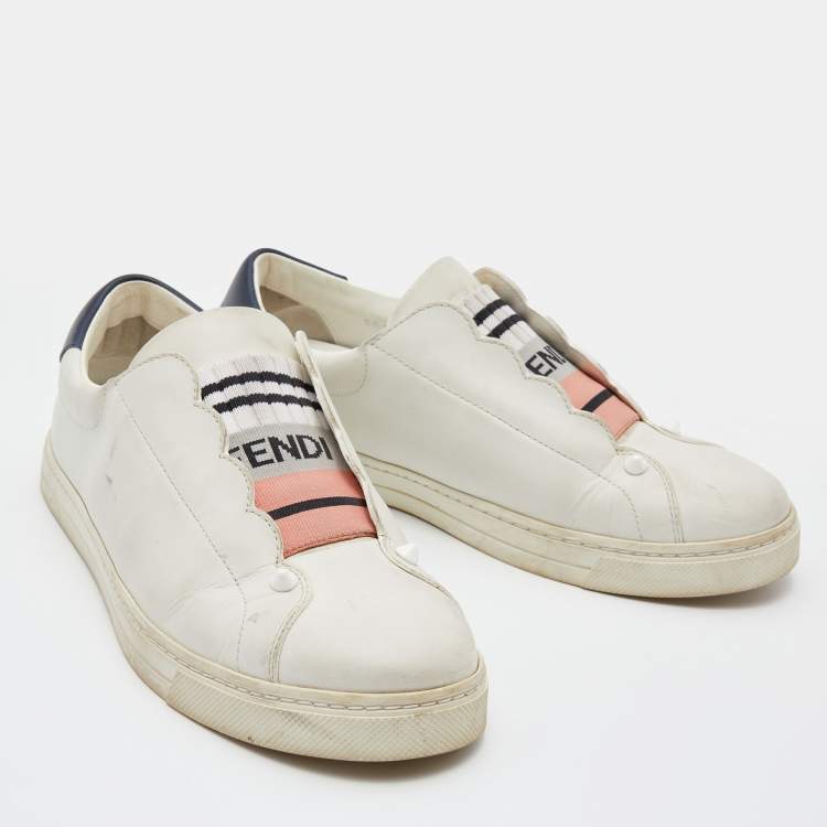 مملوكة مسبقًا Fendi White Leather Logo Knit Rockoko Scallop Detail Slip On Sneakers Size 37