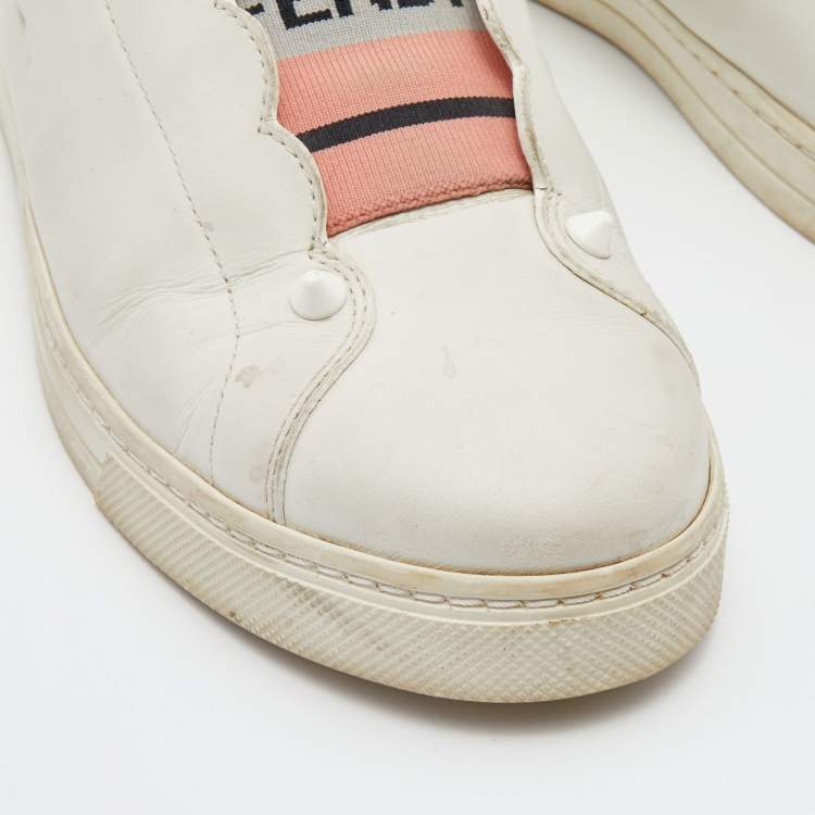 مملوكة مسبقًا Fendi White Leather Logo Knit Rockoko Scallop Detail Slip On Sneakers Size 37