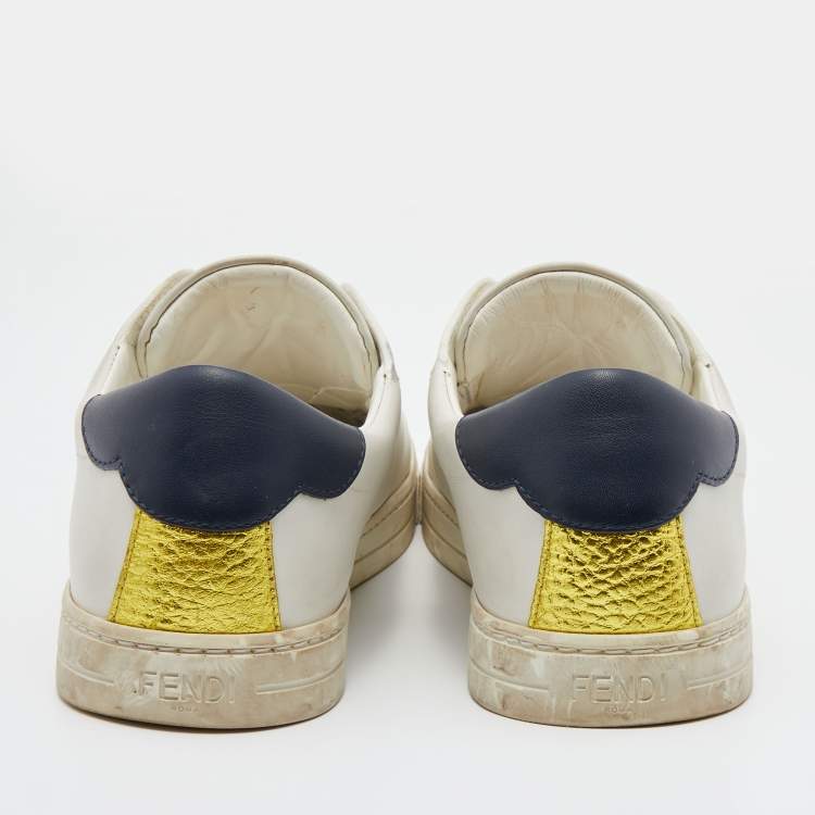 مملوكة مسبقًا Fendi White Leather Logo Knit Rockoko Scallop Detail Slip On Sneakers Size 37