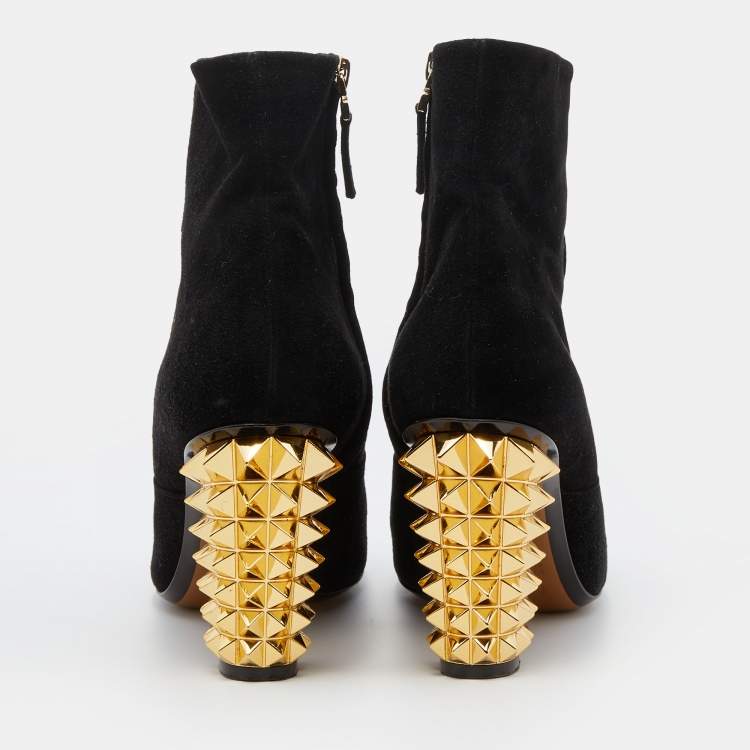 مملوكة مسبقًا Fendi Black Suede Studded Heel Ankle Length Boots Size 38