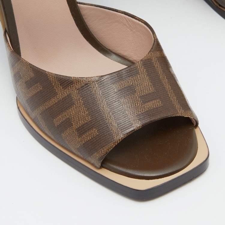 Pre Owned Fendi Brown Zucca Coated Canvas Motif Logo Wedge Ankle Strap Sandals Size 36
