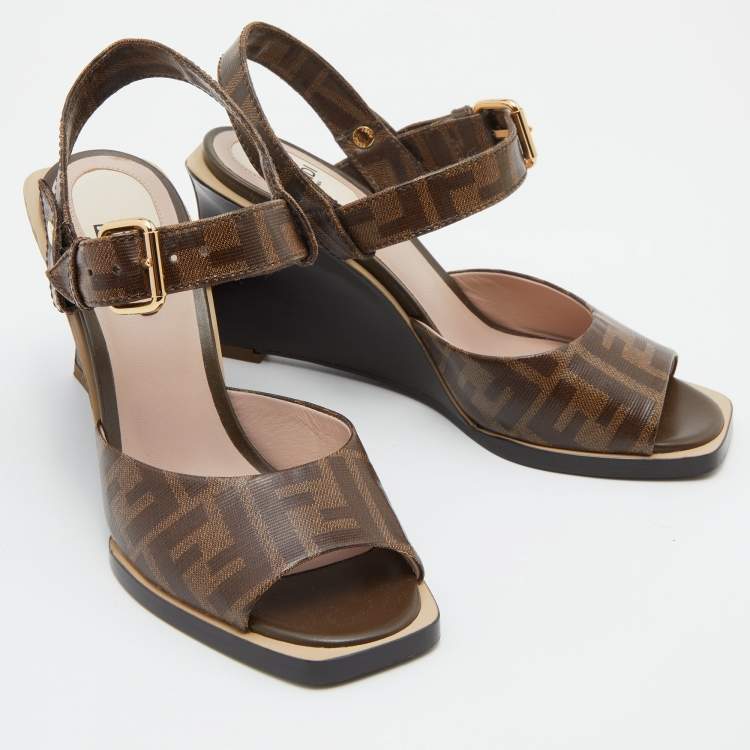 Pre Owned Fendi Brown Zucca Coated Canvas Motif Logo Wedge Ankle Strap Sandals Size 36