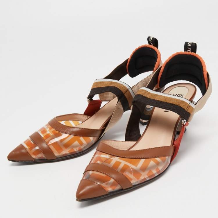 Pre Owned Fendi Multicolor Leather and Zucca Print PVC Colibri Slingback Pumps Size 38.5