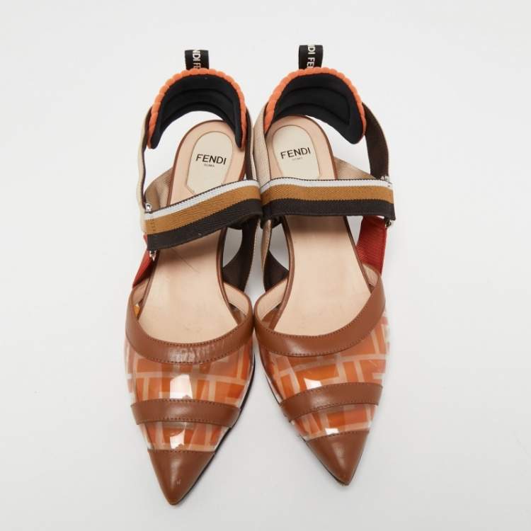 Pre Owned Fendi Multicolor Leather and Zucca Print PVC Colibri Slingback Pumps Size 38.5