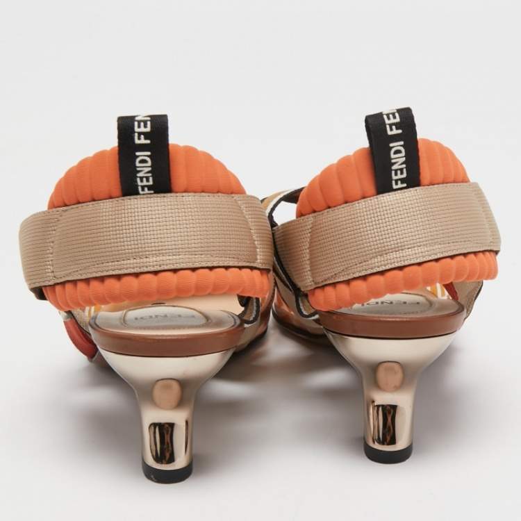 Pre Owned Fendi Multicolor Leather and Zucca Print PVC Colibri Slingback Pumps Size 38.5