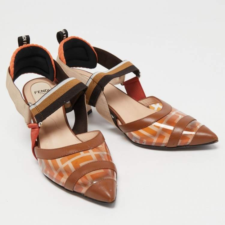 Pre Owned Fendi Multicolor Leather and Zucca Print PVC Colibri Slingback Pumps Size 38.5