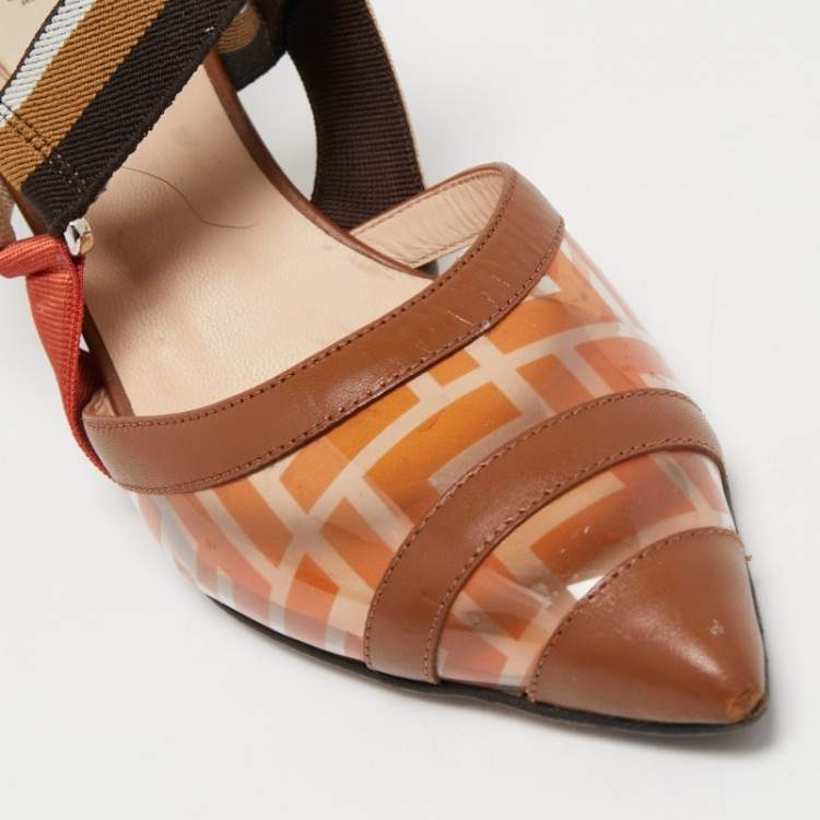 Pre Owned Fendi Multicolor Leather and Zucca Print PVC Colibri Slingback Pumps Size 38.5