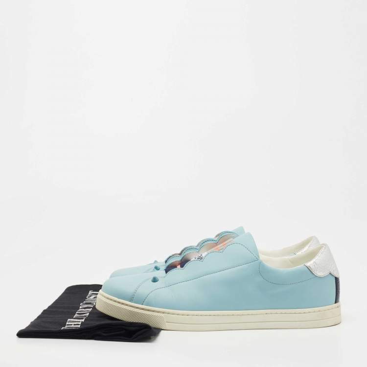Pre Owned Fendi  Blue Leather Scalloped Logo Rockoko Slip On Sneakers Size 40