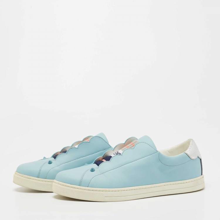 Pre Owned Fendi  Blue Leather Scalloped Logo Rockoko Slip On Sneakers Size 40