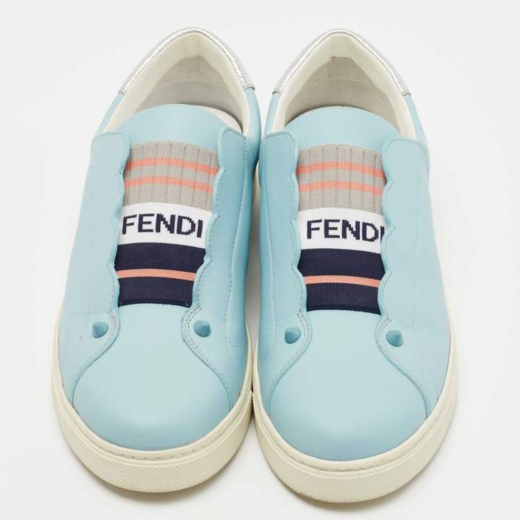 Pre Owned Fendi  Blue Leather Scalloped Logo Rockoko Slip On Sneakers Size 40