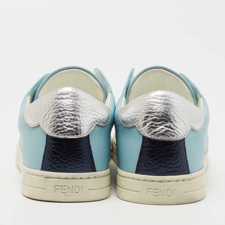 Pre Owned Fendi  Blue Leather Scalloped Logo Rockoko Slip On Sneakers Size 40