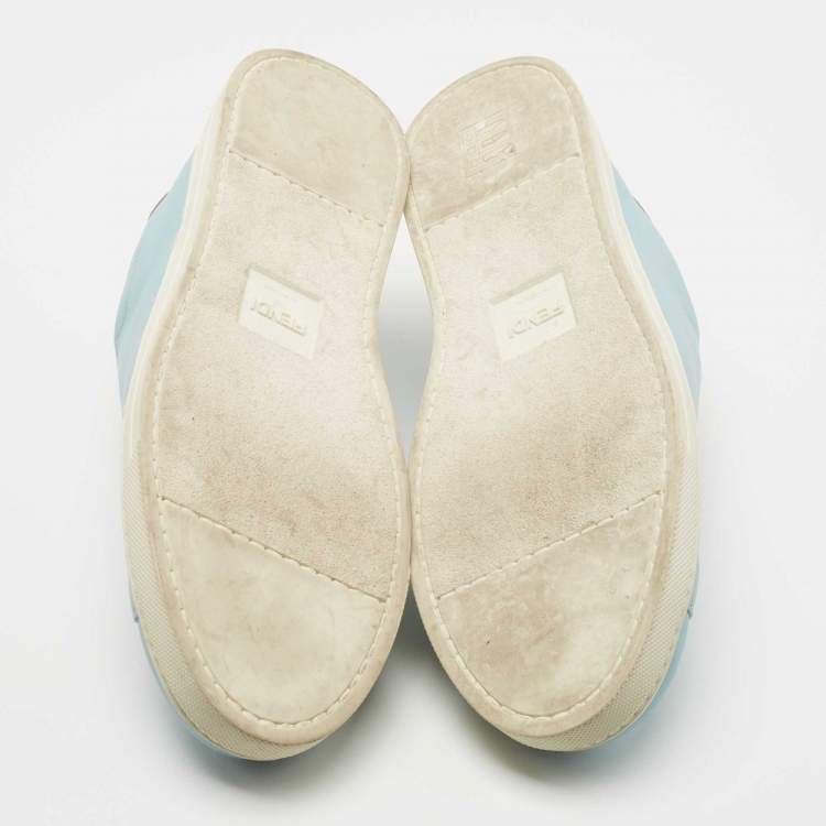 Pre Owned Fendi  Blue Leather Scalloped Logo Rockoko Slip On Sneakers Size 40