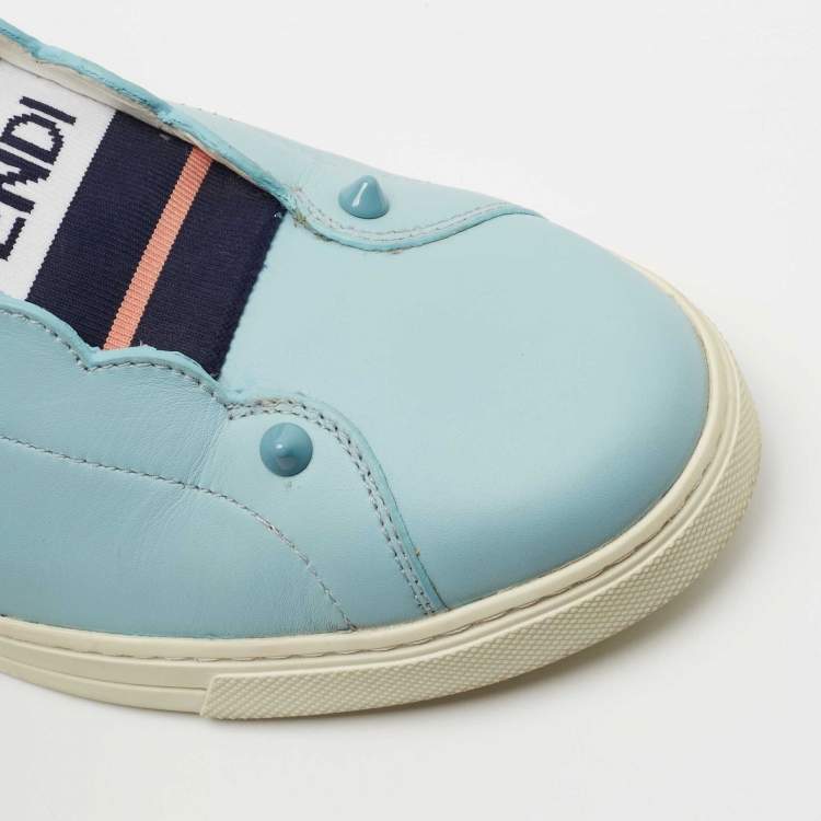 Pre Owned Fendi  Blue Leather Scalloped Logo Rockoko Slip On Sneakers Size 40