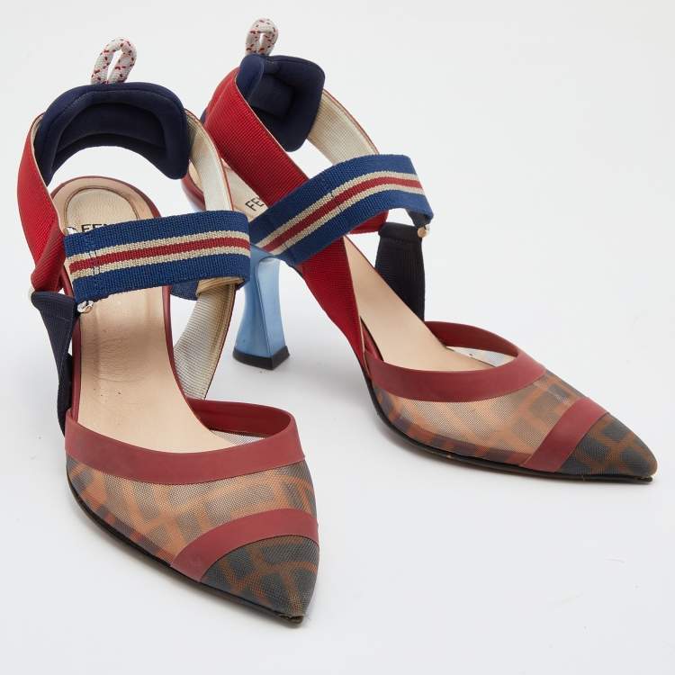 Pre Owned Fendi Multicolor Zucca Mesh and Fabric Colibri Slingback Pumps Size 36.5