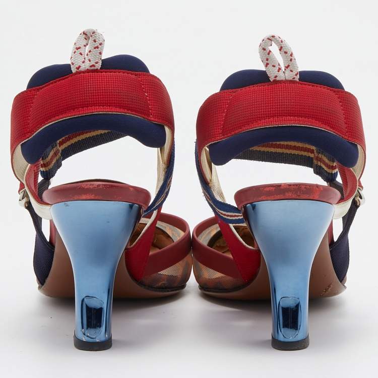 Pre Owned Fendi Multicolor Zucca Mesh and Fabric Colibri Slingback Pumps Size 36.5