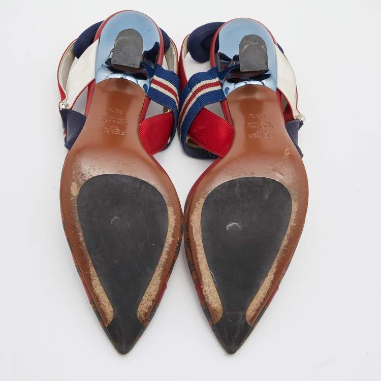 Pre Owned Fendi Multicolor Zucca Mesh and Fabric Colibri Slingback Pumps Size 36.5