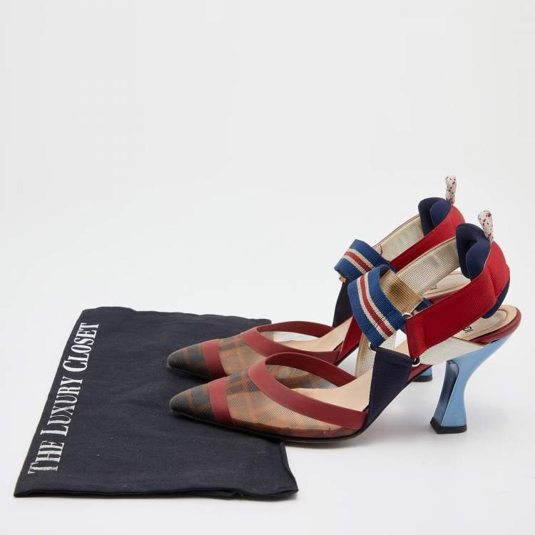 Pre Owned Fendi Multicolor Zucca Mesh and Fabric Colibri Slingback Pumps Size 36.5