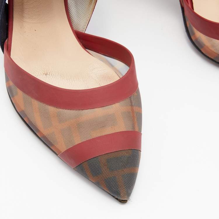 Pre Owned Fendi Multicolor Zucca Mesh and Fabric Colibri Slingback Pumps Size 36.5