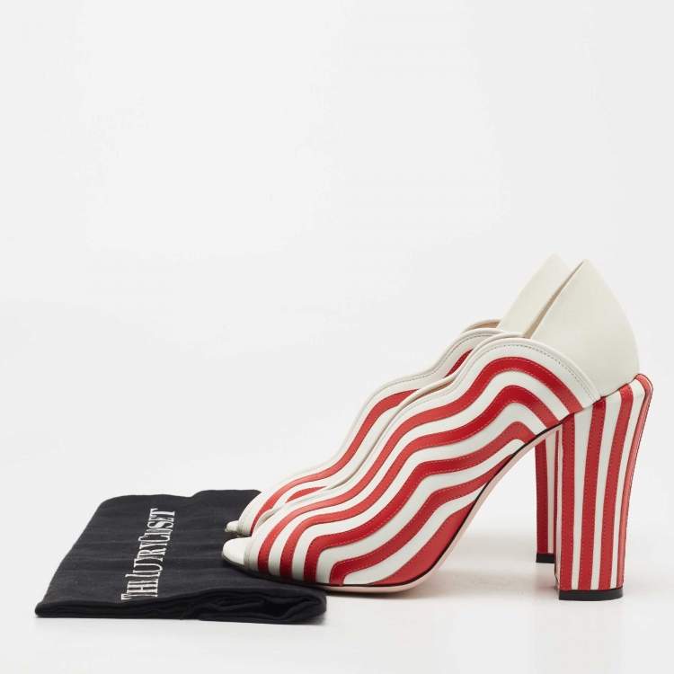 Pre Owned Fendi White/Red Striped Leather Peep Toe Pumps Size 40