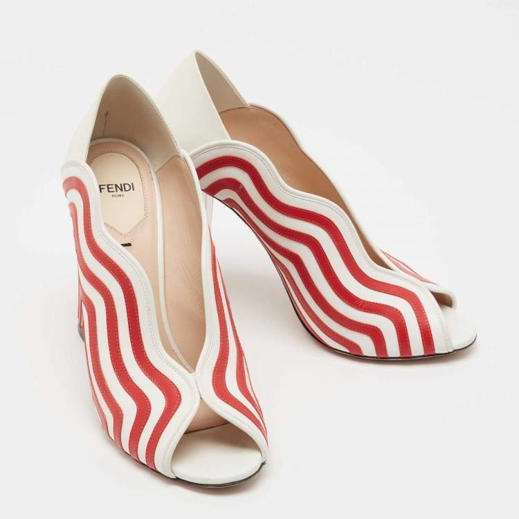 Pre Owned Fendi White/Red Striped Leather Peep Toe Pumps Size 40