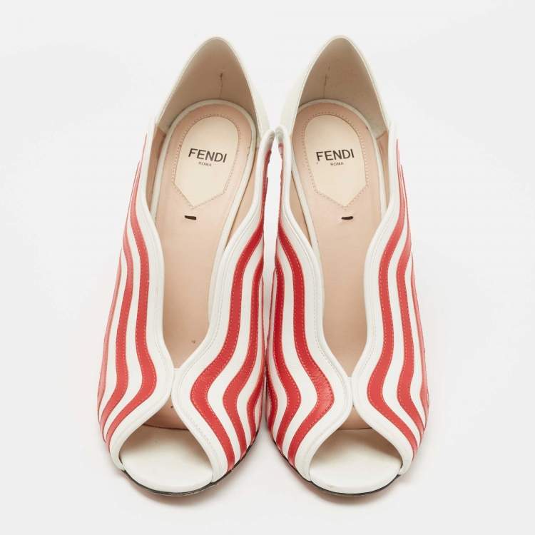 Pre Owned Fendi White/Red Striped Leather Peep Toe Pumps Size 40