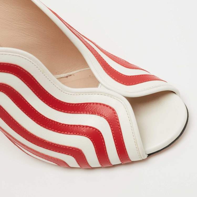 Pre Owned Fendi White/Red Striped Leather Peep Toe Pumps Size 40